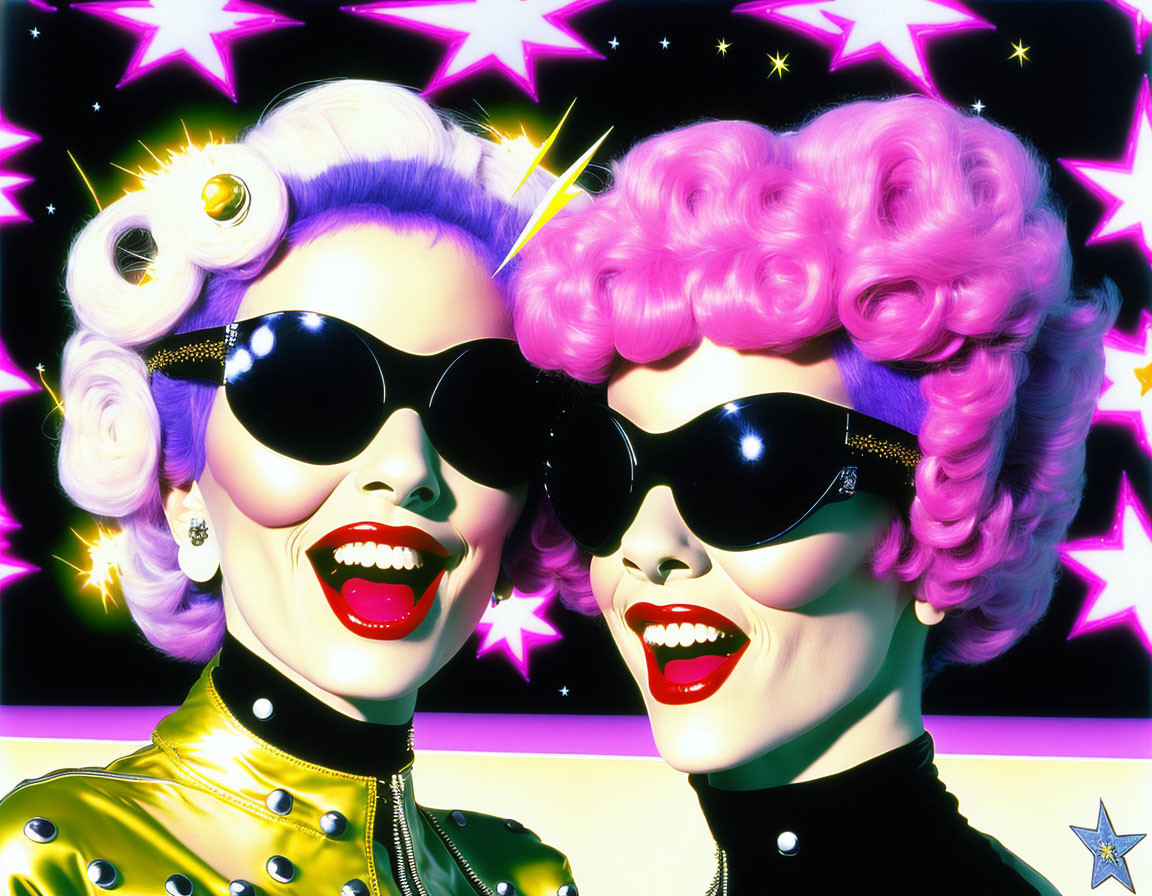 Colorful-haired women in retro style with sunglasses on neon background