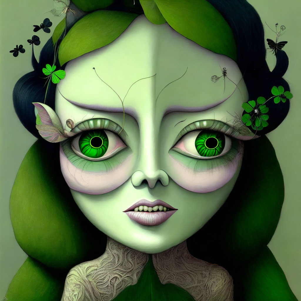 Green-toned female face with vivid eyes, surrounded by nature elements