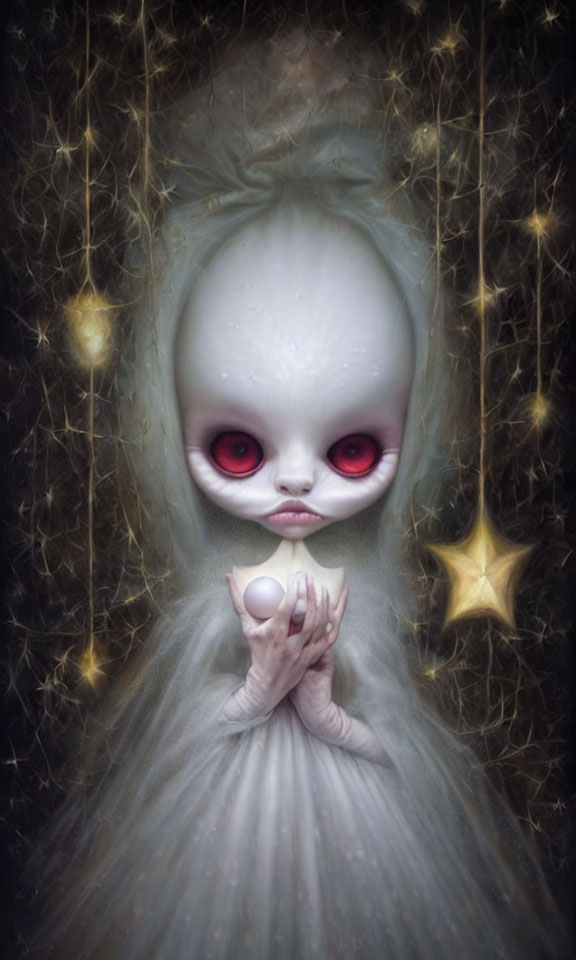 Fantasy being with large pale head, red eyes, cradling glowing orb surrounded by stars.