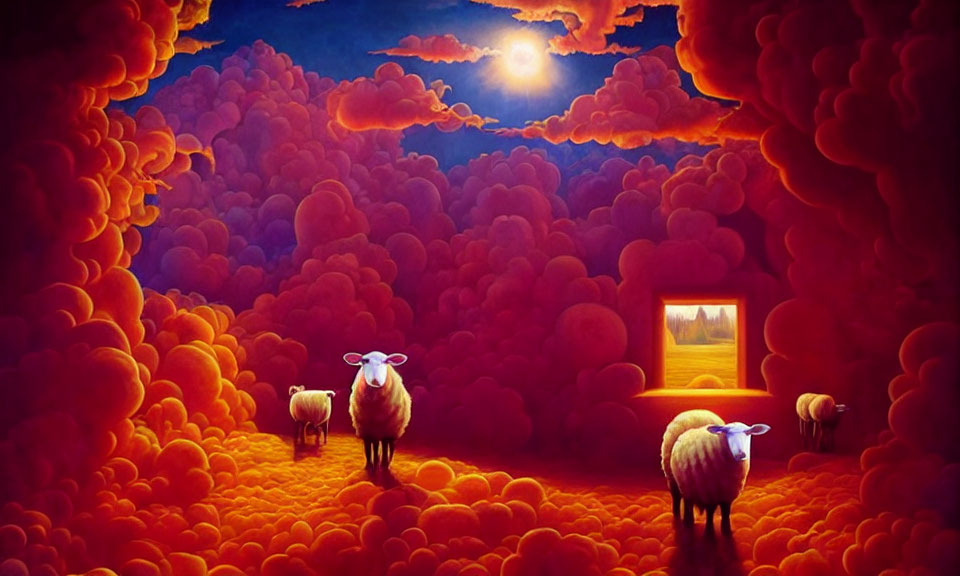 Surreal landscape with fluffy orange clouds and unique sheep under a bright moon