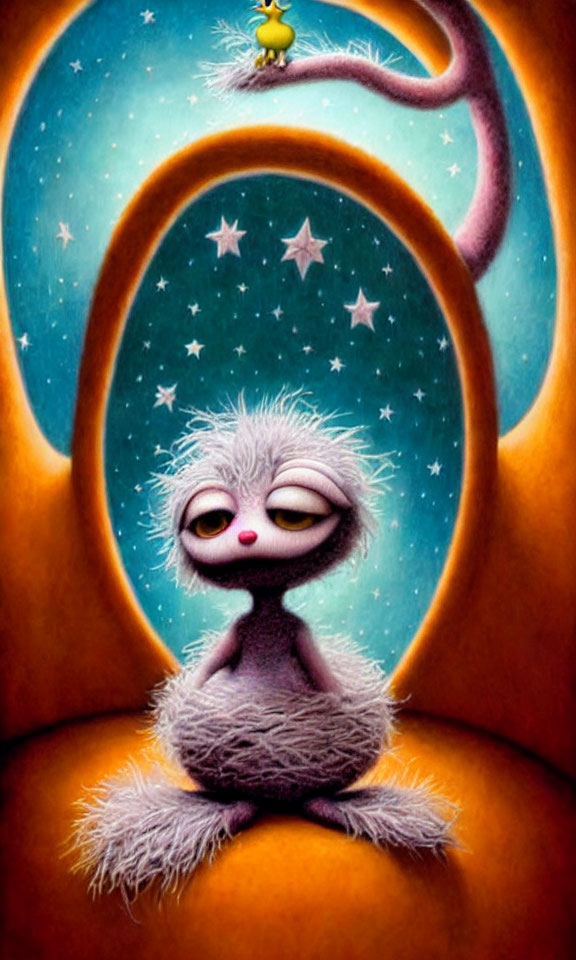 Illustration of furry creature under starry sky with looped tail and small duck.