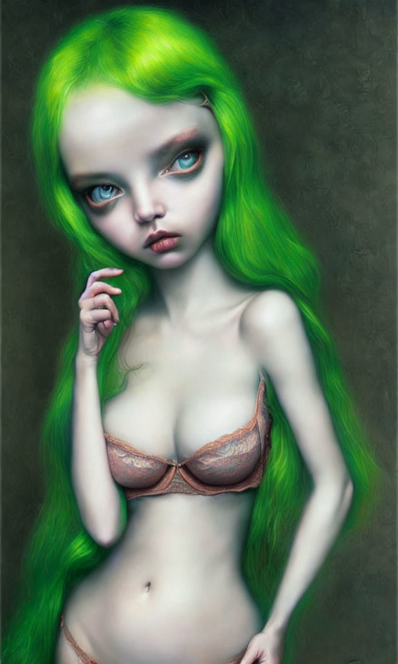 Surrealist portrait: Female figure with bright green hair and large blue eyes