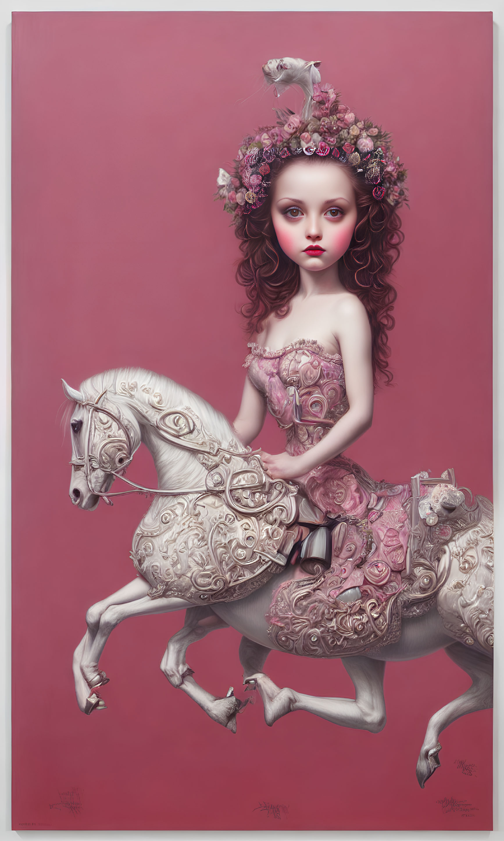 Surreal portrait: girl with floral headwear on white horse in silver patterns, pink background