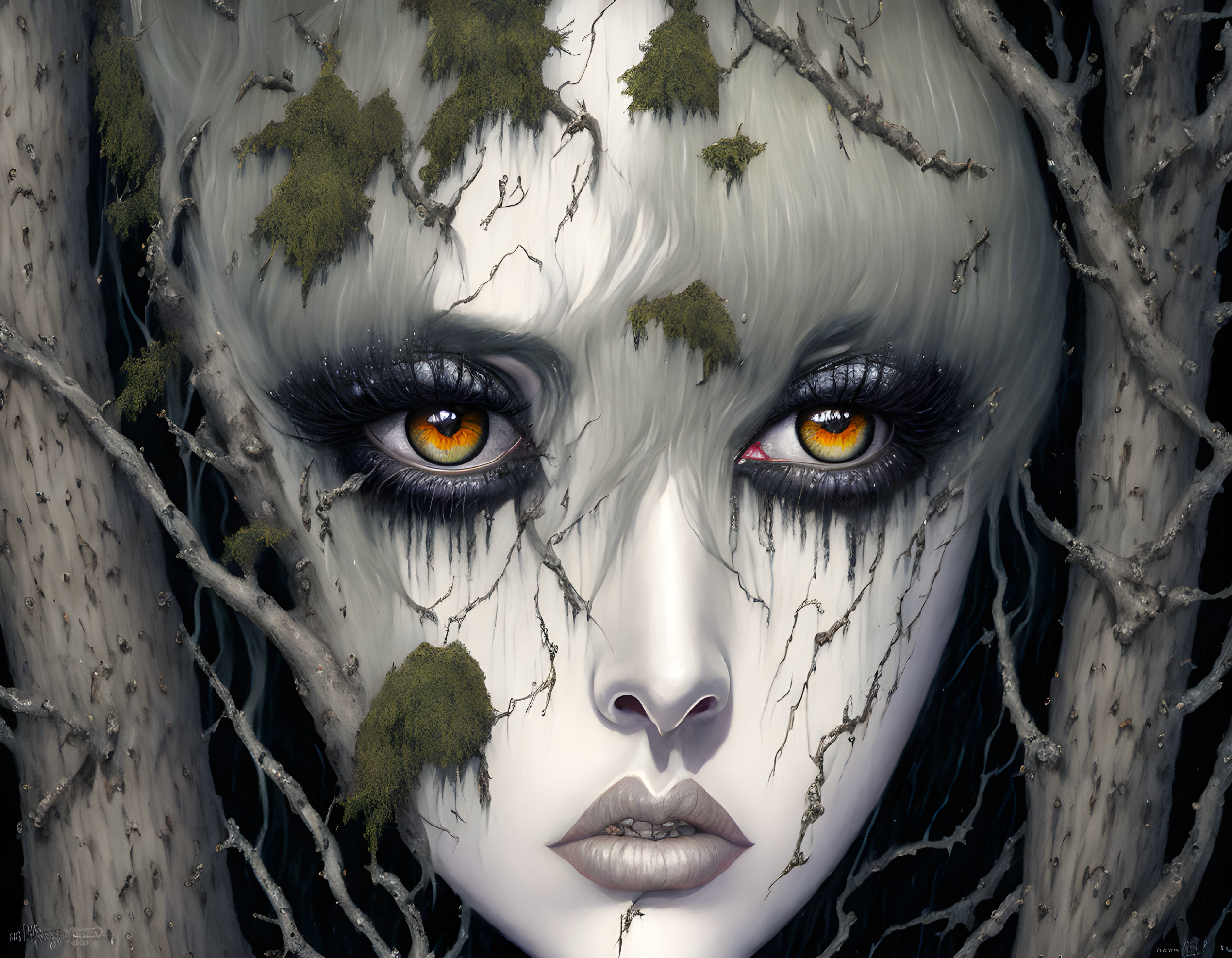 Face with Orange Eyes Surrounded by White Trees and Green Moss