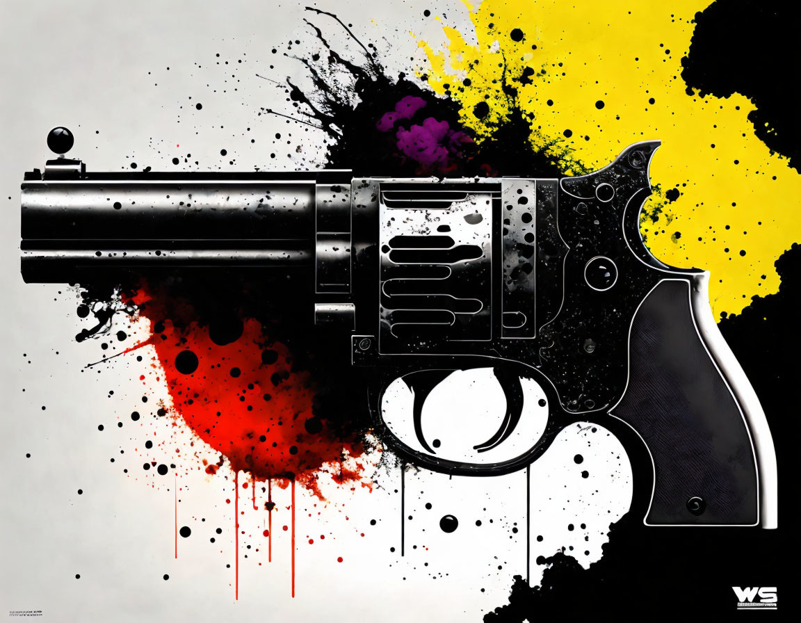 Revolver artwork with splattered ink backdrop in black, red, and yellow.