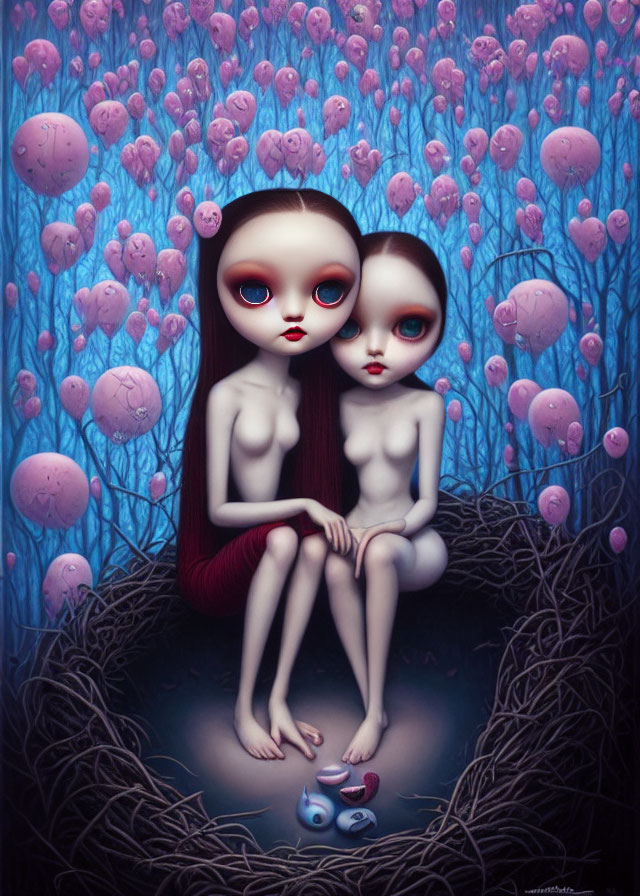 Stylized doll-like figures in dark whimsical forest with pink jellyfish-like entities