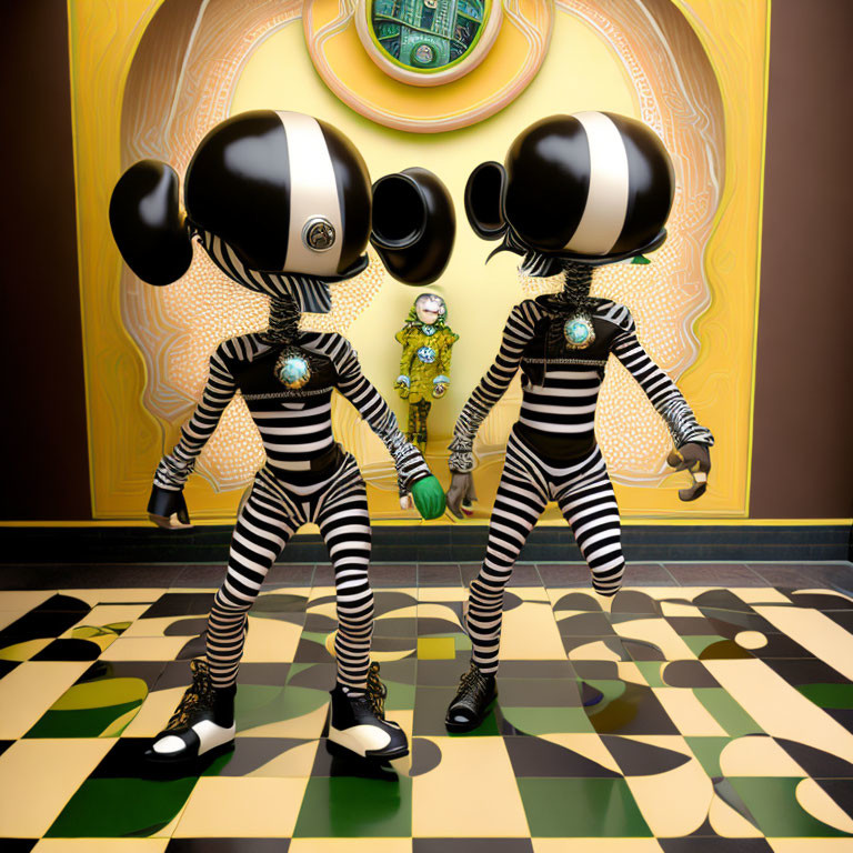 Cartoonish figures in striped outfits pose in whimsical room