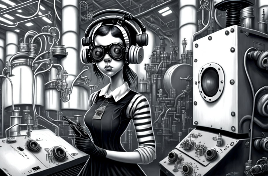 Monochrome illustration of woman with goggles and headphones in futuristic setting