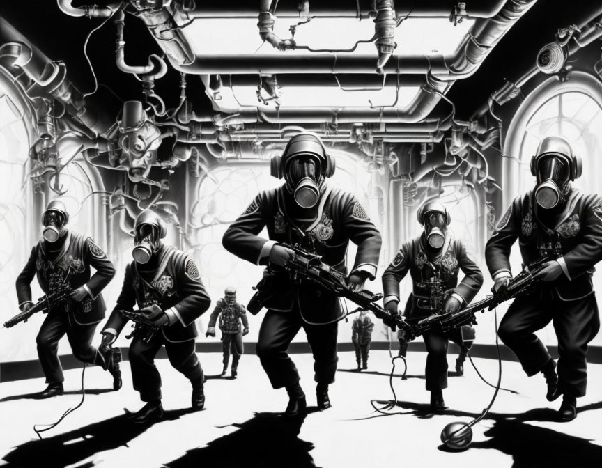 Monochrome artwork of soldiers in gas masks and vintage gear in pipework corridor