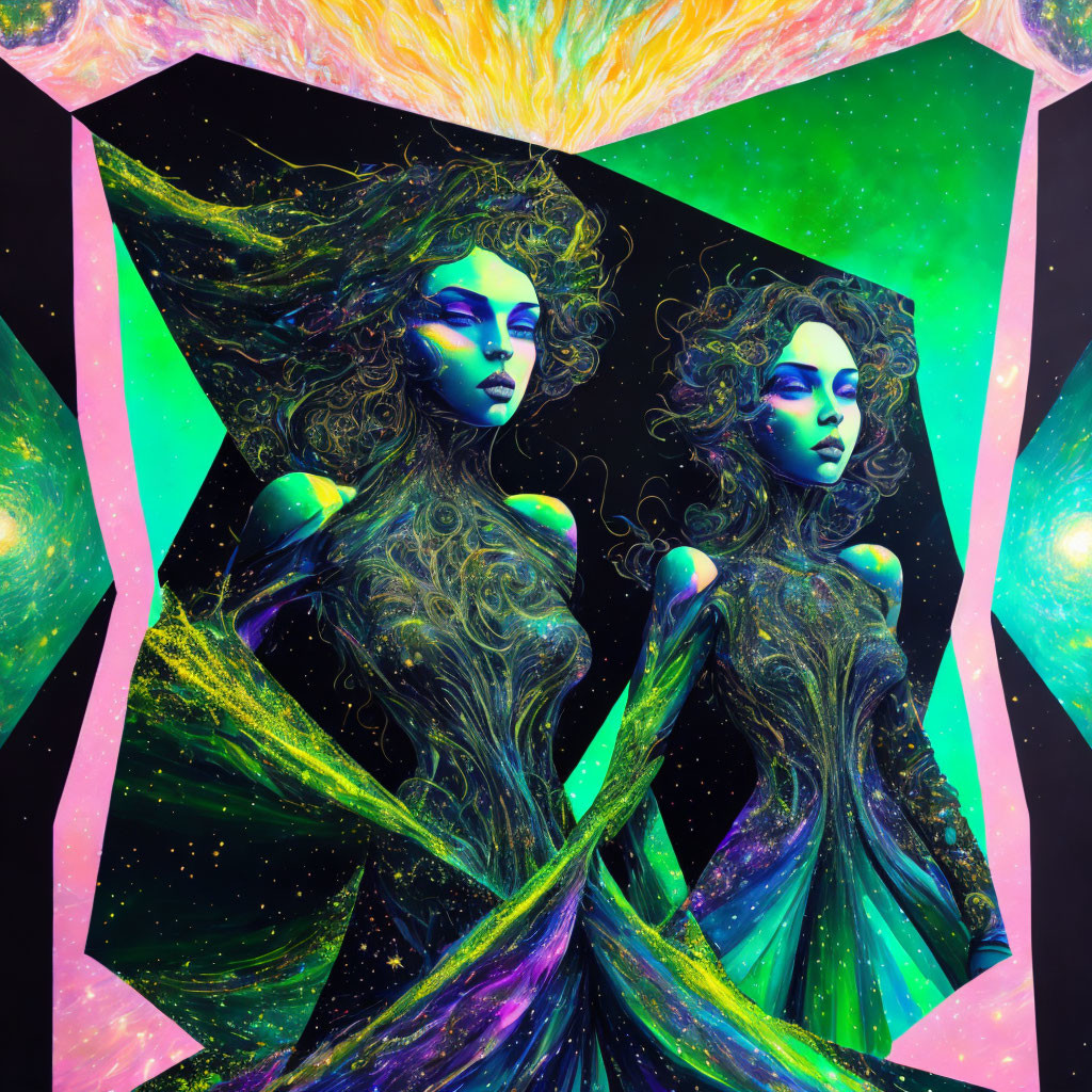 Colorful artwork: Mirrored mystical female figures in cosmic setting