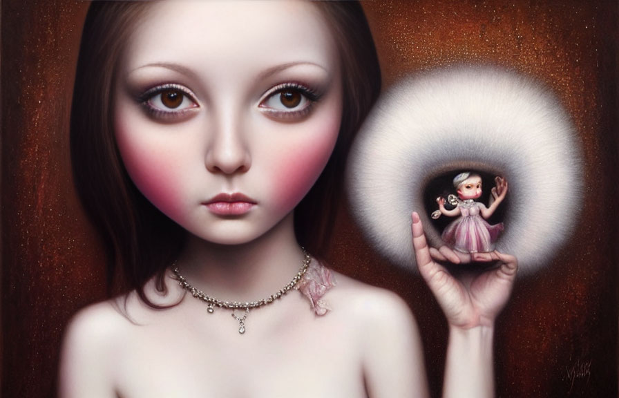 Surreal painting: Large-eyed girl holding smaller version in palm