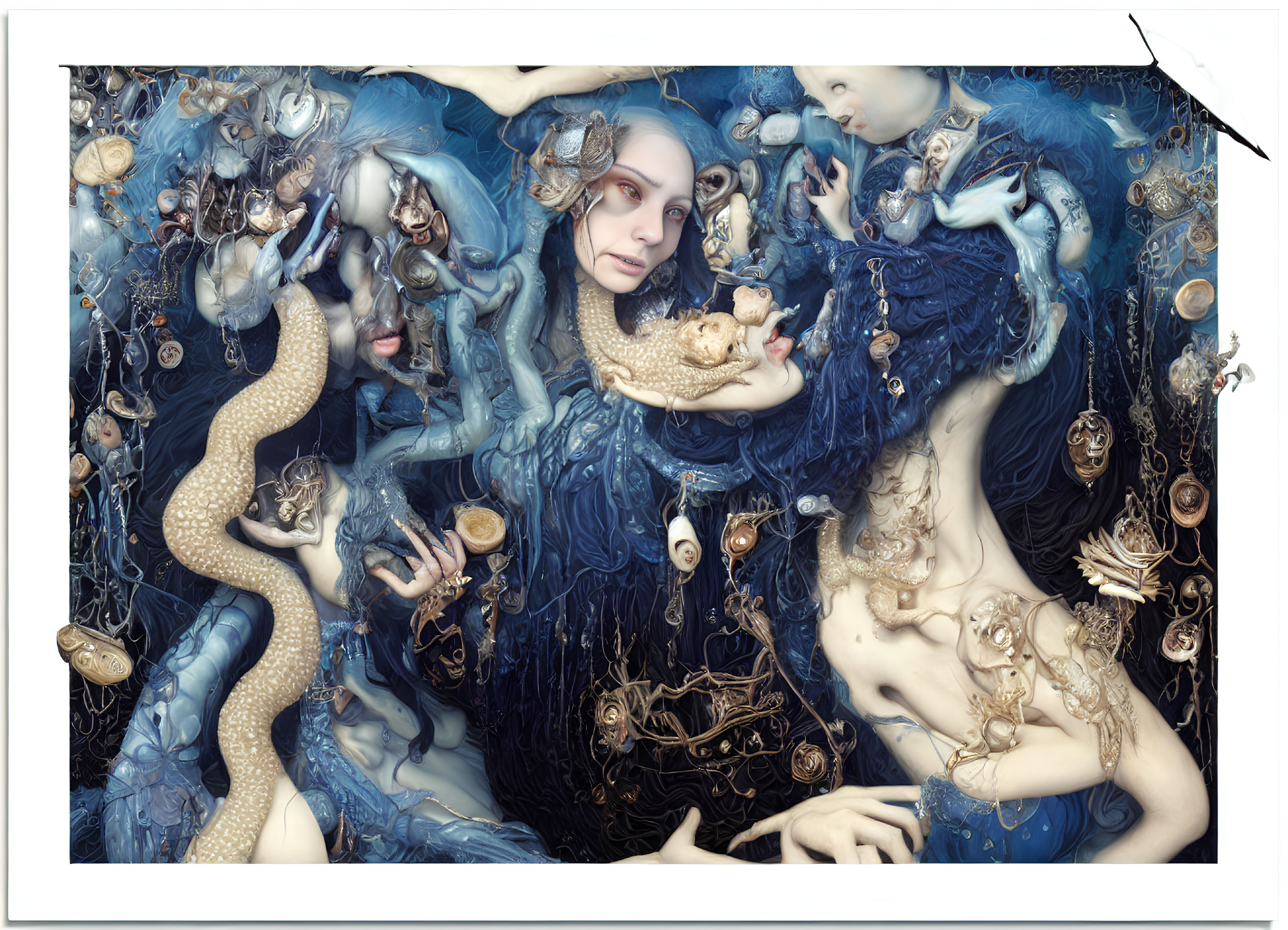 Surreal art with human-like figures and mermaid tails among marine life and baroque elements in