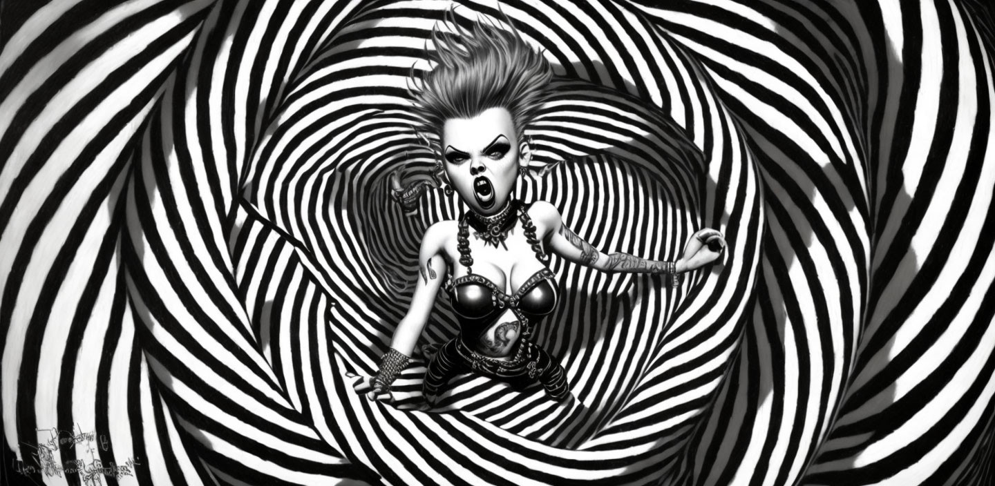 Fierce punk-style character with wild hair and intense makeup on spiral background