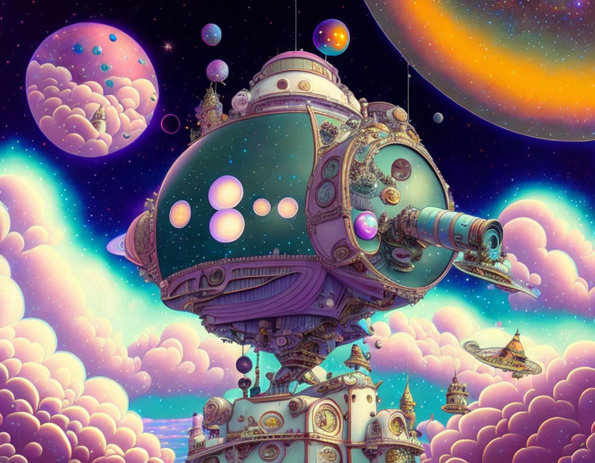 Whimsical steampunk-style city in pastel clouds with airships