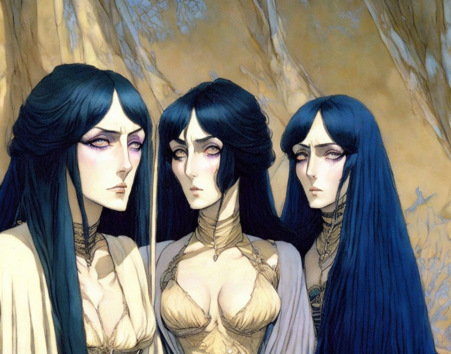 Three ethereal female figures with blue-black hair in front of pale trees