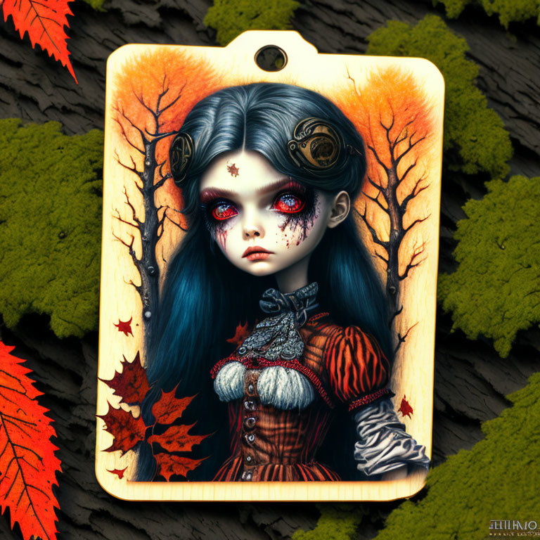 Gothic doll with blue hair and red eyes in steampunk style amid green moss and autumn