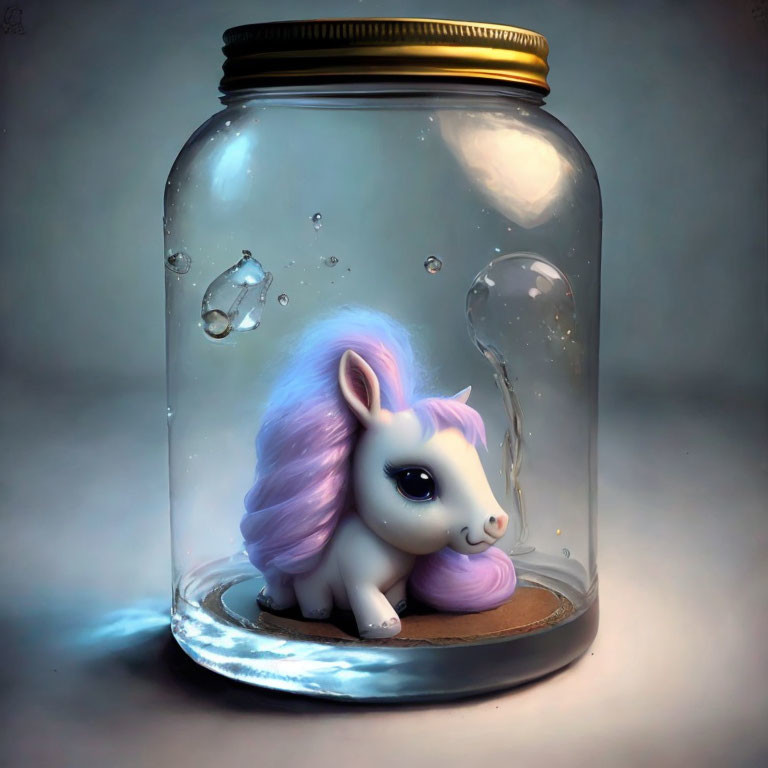 Fantasy illustration of small unicorn in glass jar with purple mane, surrounded by water and bubbles