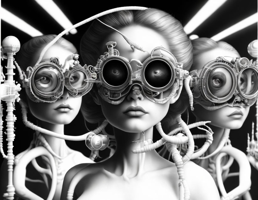 Three identical female figures with ornate steampunk goggles on striped background