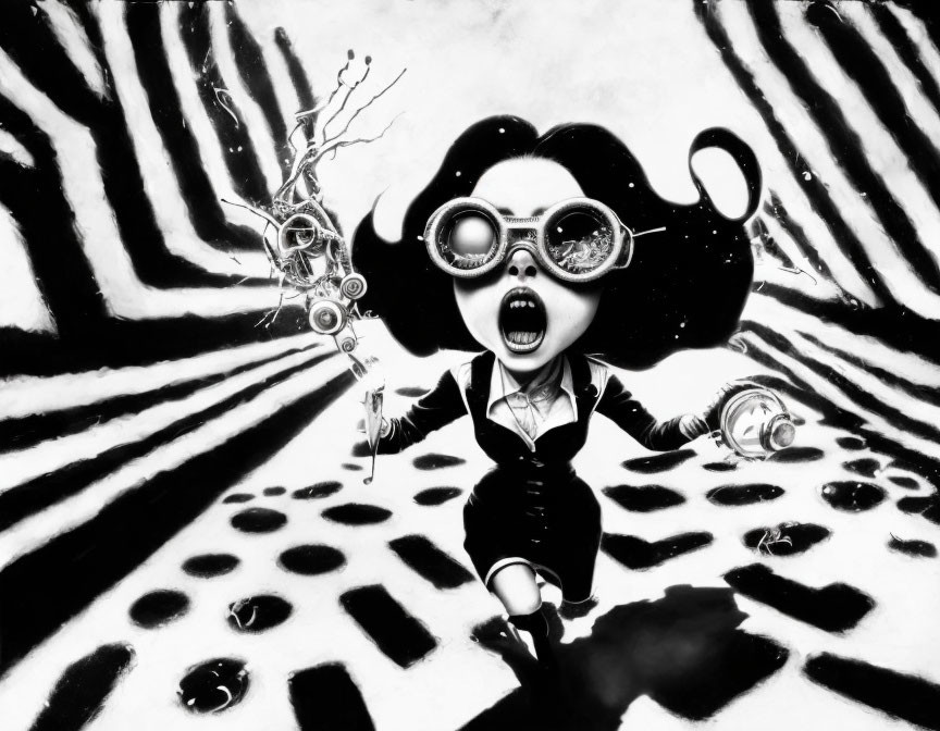 Monochrome cartoon character with large eyes in surreal backdrop