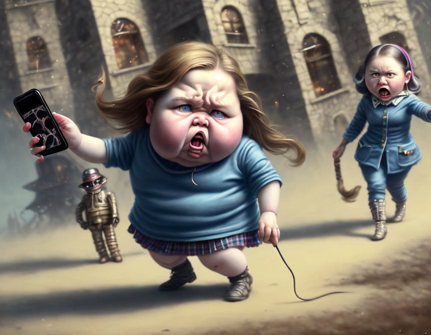 Digital artwork of displeased young girls with smartphone, indignant expression, and tiny knights.