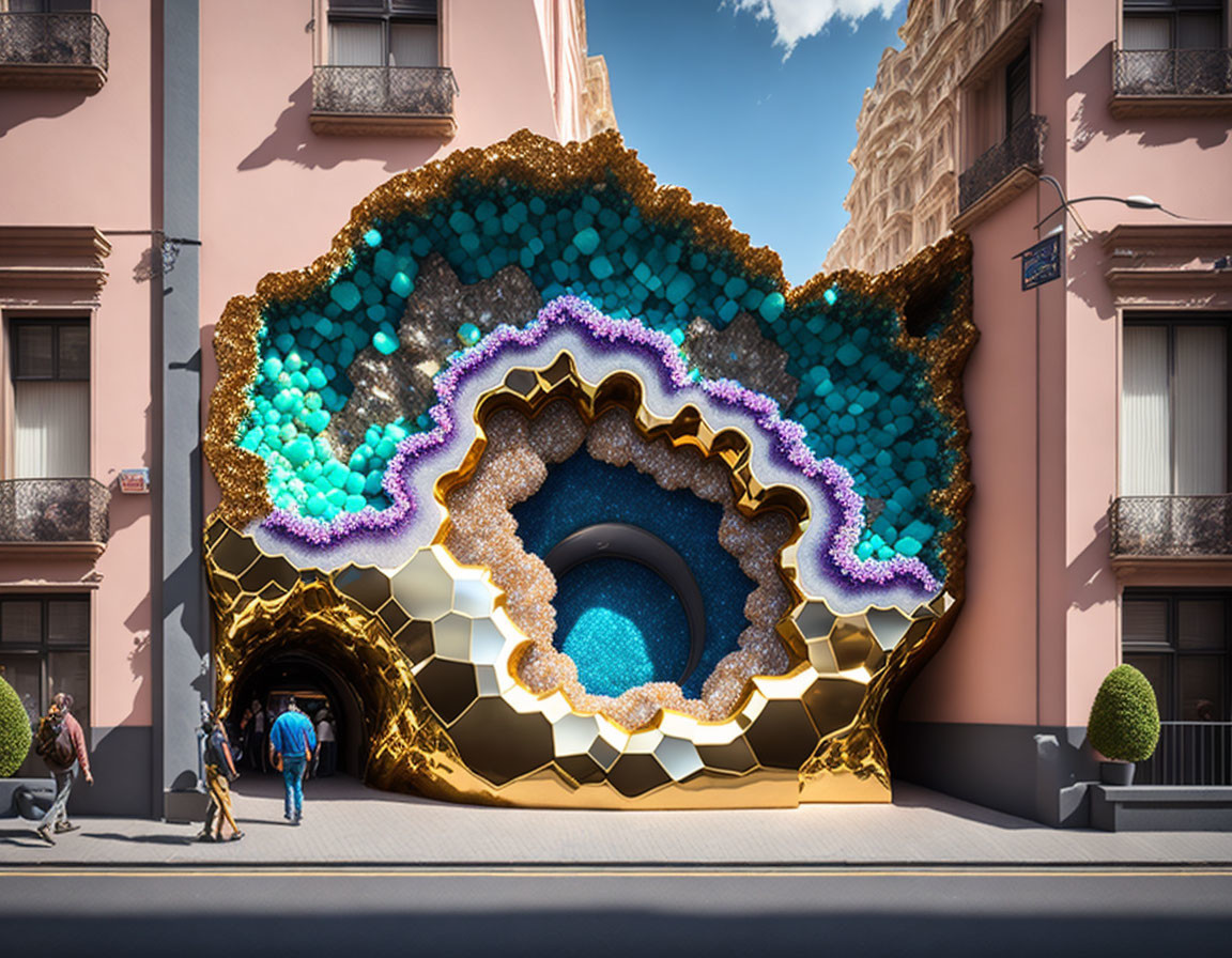 Colorful geode-inspired art installation on building facade with people observing