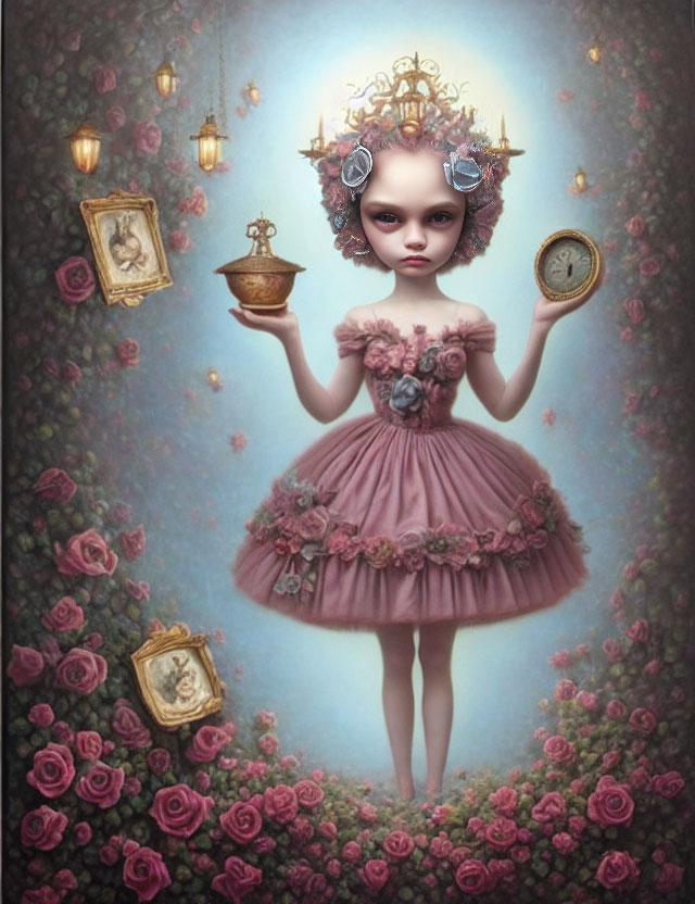 Surreal portrait of figurine-like girl with oversized Victorian-style head amid roses, frames, and