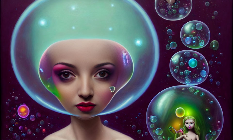 Colorful surreal portrait of a woman with bubbles and tiny figures