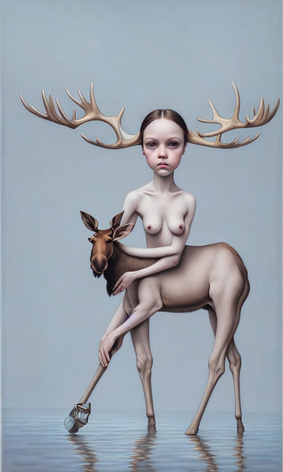 Surreal painting of moose-bodied creature with girl's face and antlers