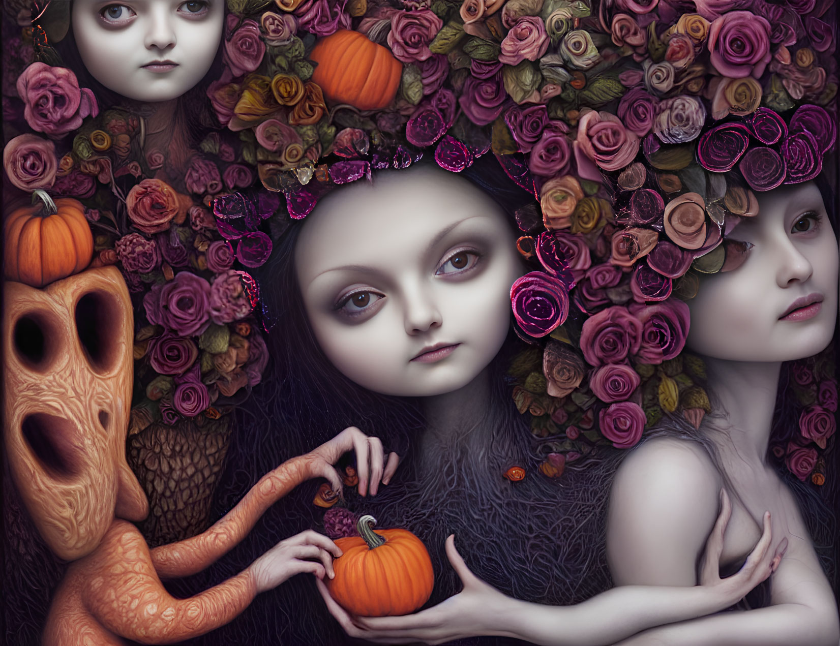 Three pale figures with dark eyes and floral crowns, one holding a pumpkin, another with a creature