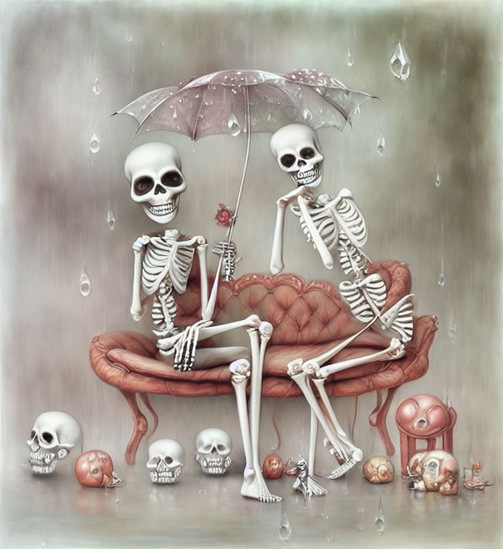 Intimate Skeletons on Couch Under Umbrella in Surreal Rainy Scene