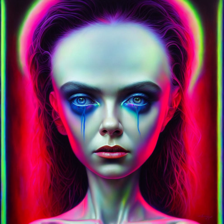 Vivid digital portrait of a woman with blue eyes and neon lights