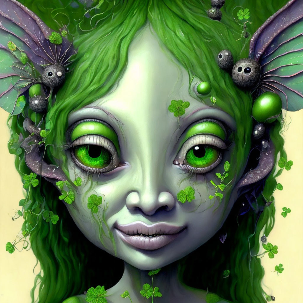 Green-skinned elf-like character with bat and berry hair in fantasy art.