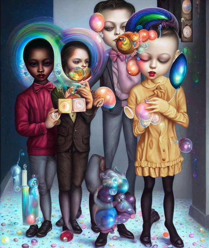 Stylized children blowing iridescent bubbles in dreamlike scene