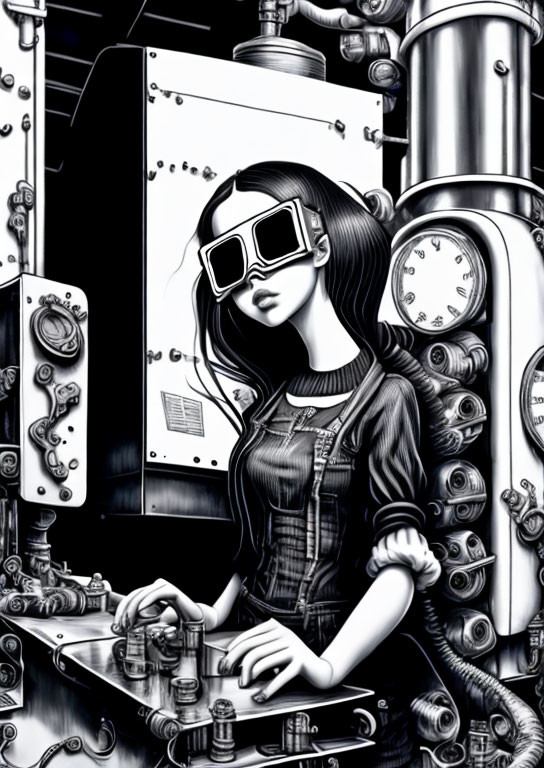 Monochromatic illustration of woman with square glasses operating complex machinery