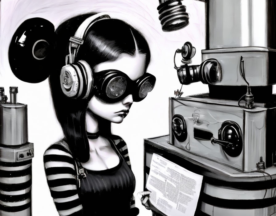 Monochrome illustration of a girl with headphones and goggles next to a whimsical machine