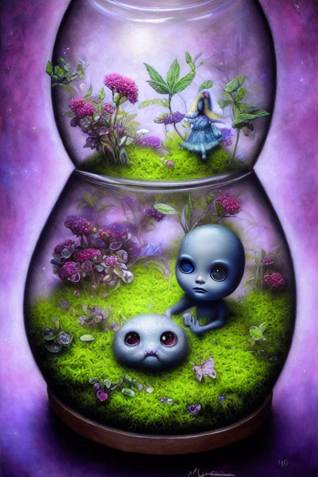 Vivid illustration featuring glass terrarium, tiny girl, pink flowers, blue creature, and butterfly.