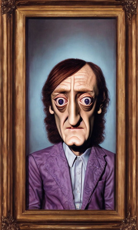 Elongated face, large eyes, prominent nose in wooden frame