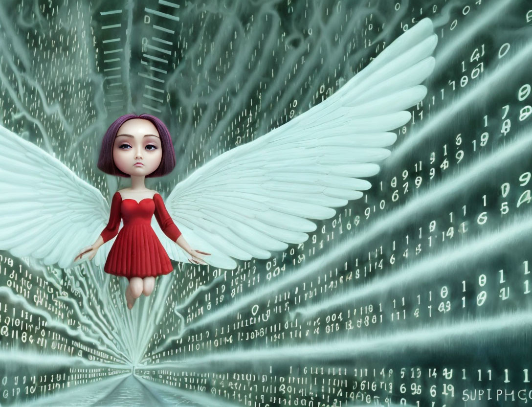 Digital art: Doll-like figure with wings in red dress flying through green binary tunnel