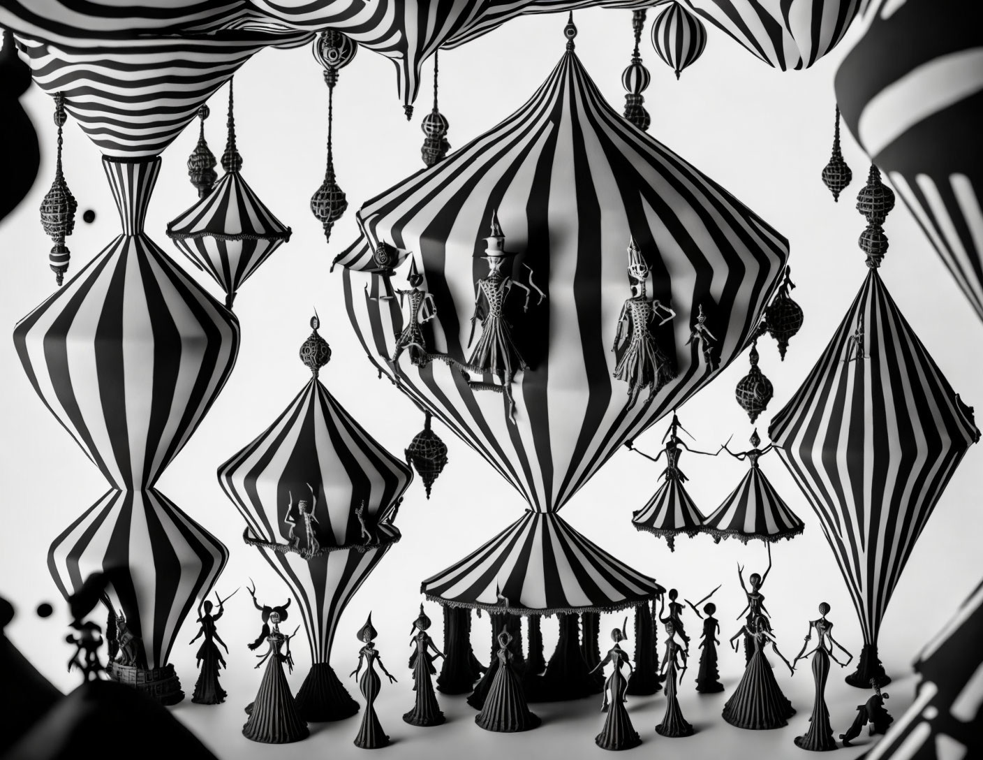 Whimsical monochrome circus tent and acrobat display