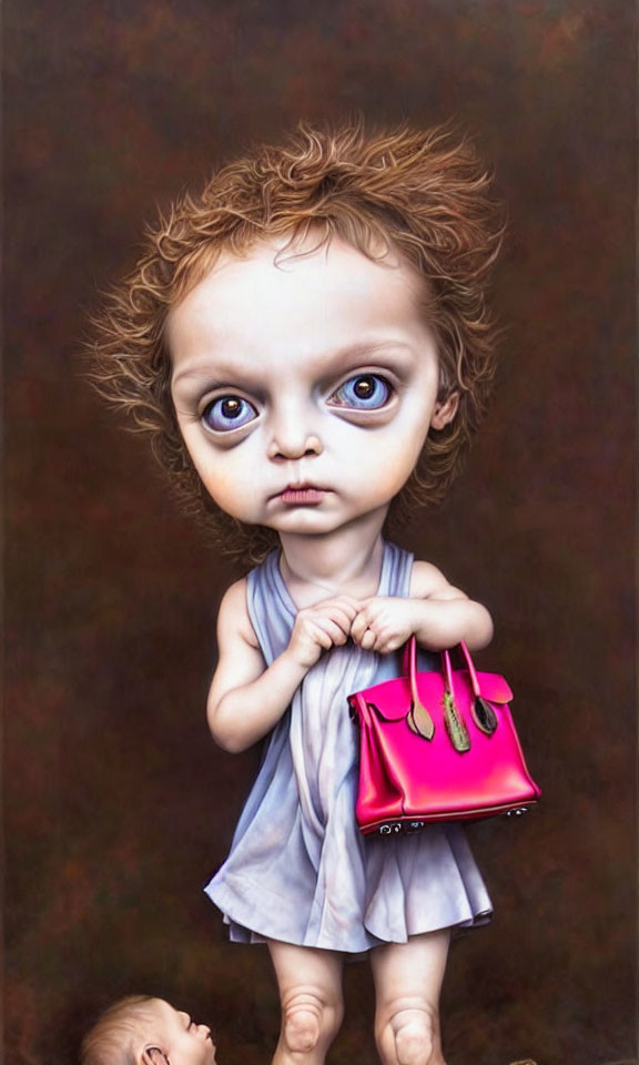 Surreal painting of child with oversized eyes and pink handbag