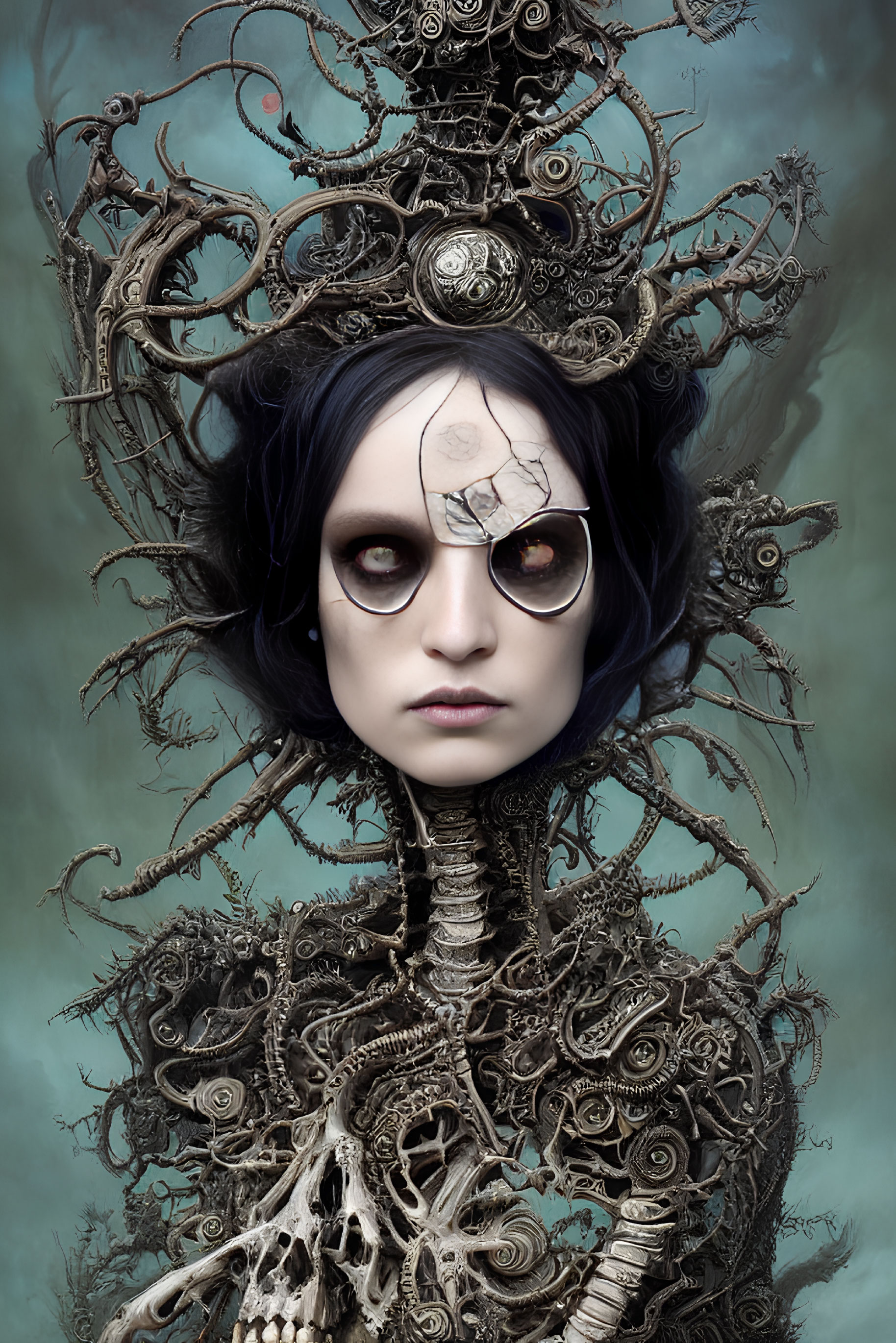 Surreal portrait of person with pale skin and dark hair, mechanical tree branches, clocks, gears