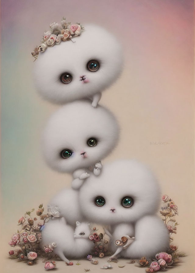 Illustration of Three Fluffy Creatures with Flowers