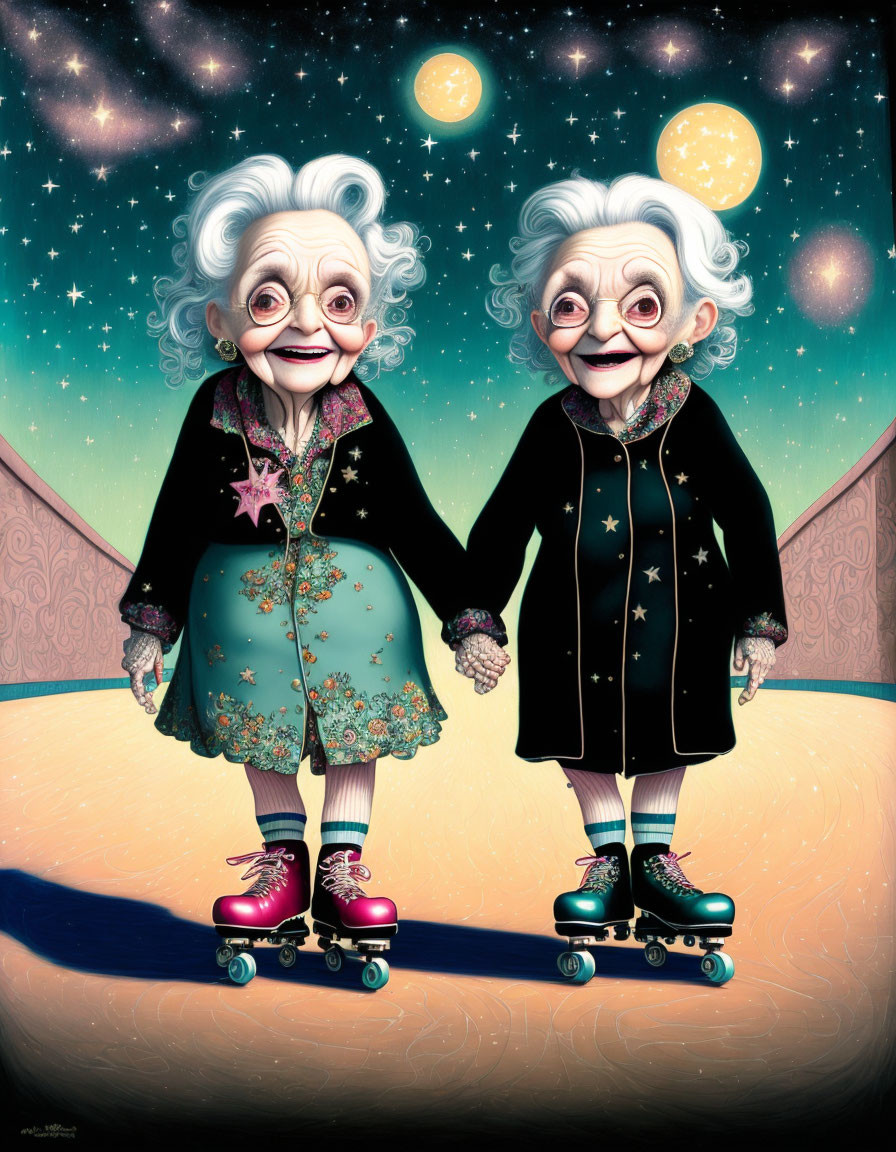 Elderly animated ladies holding hands in colorful roller skate attire