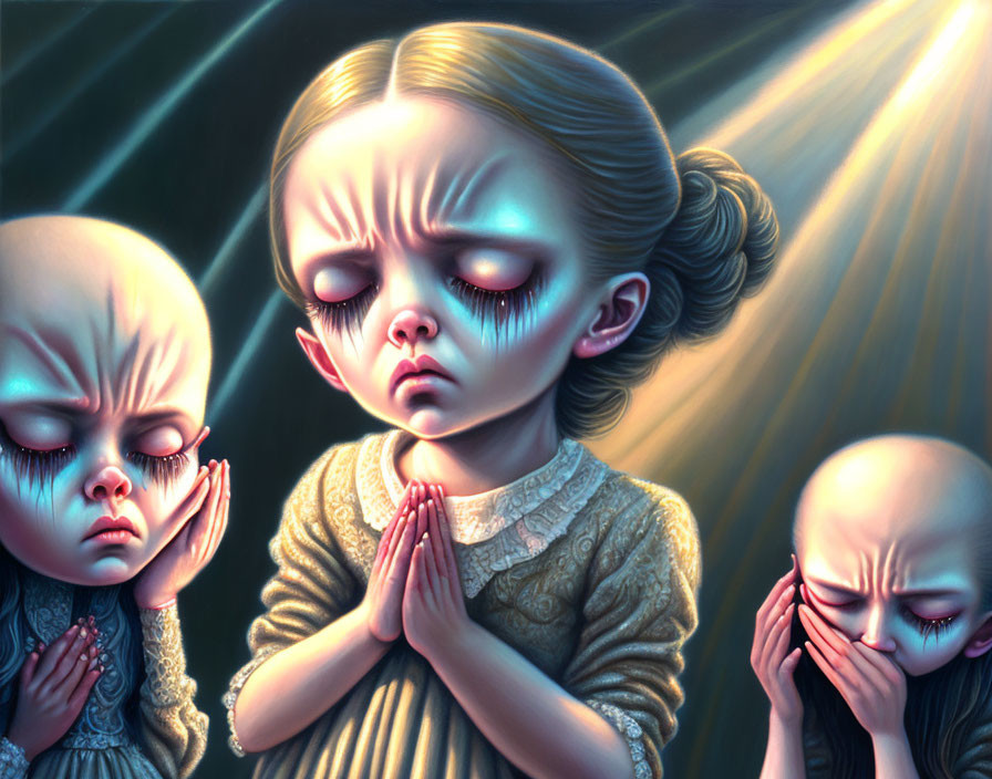 Illustration of sorrowful girl praying with two bald figures in dimly lit setting