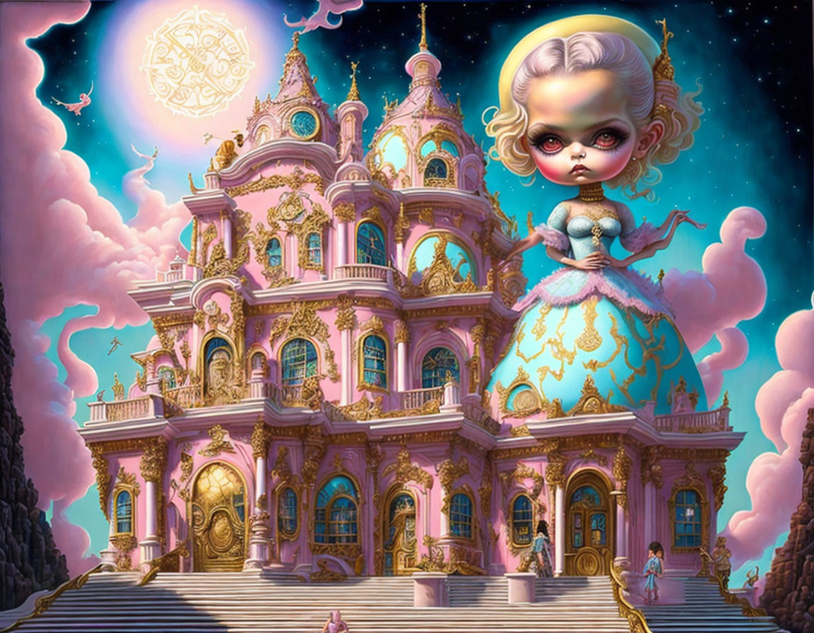 Illustration of big-eyed girl at pink and gold palace under twilight sky