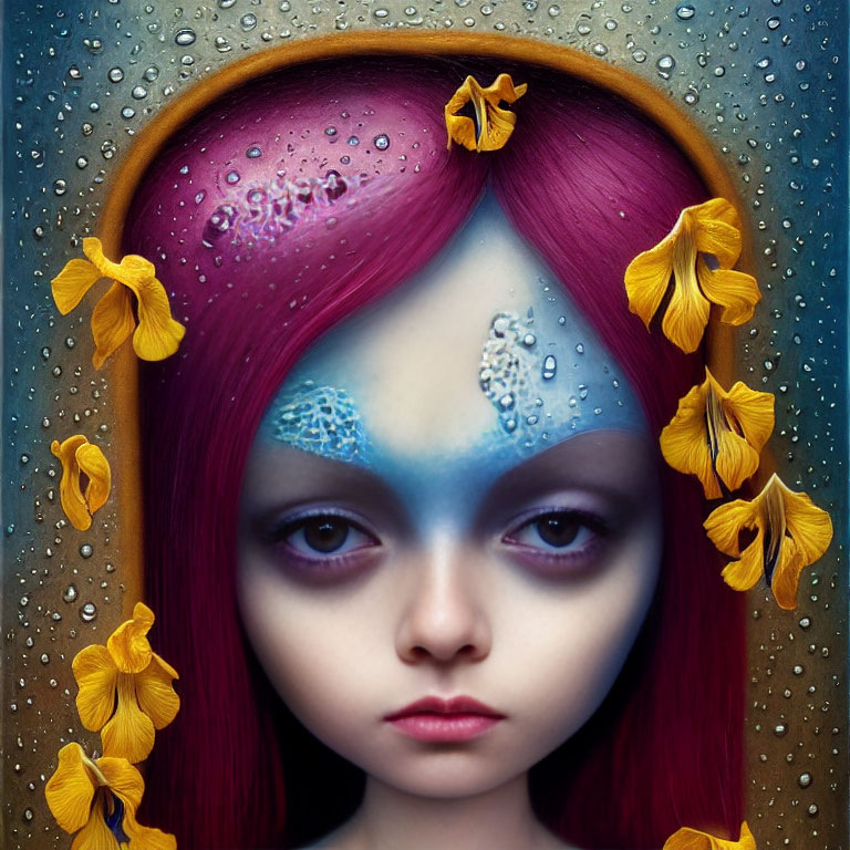 Portrait of a Girl with Colorful Hair, Floral Halo, and Water Droplets