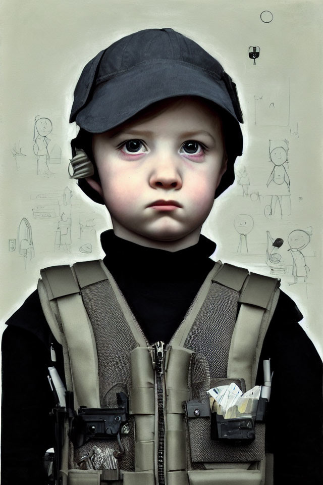 Child in Military Gear with Drawings Background