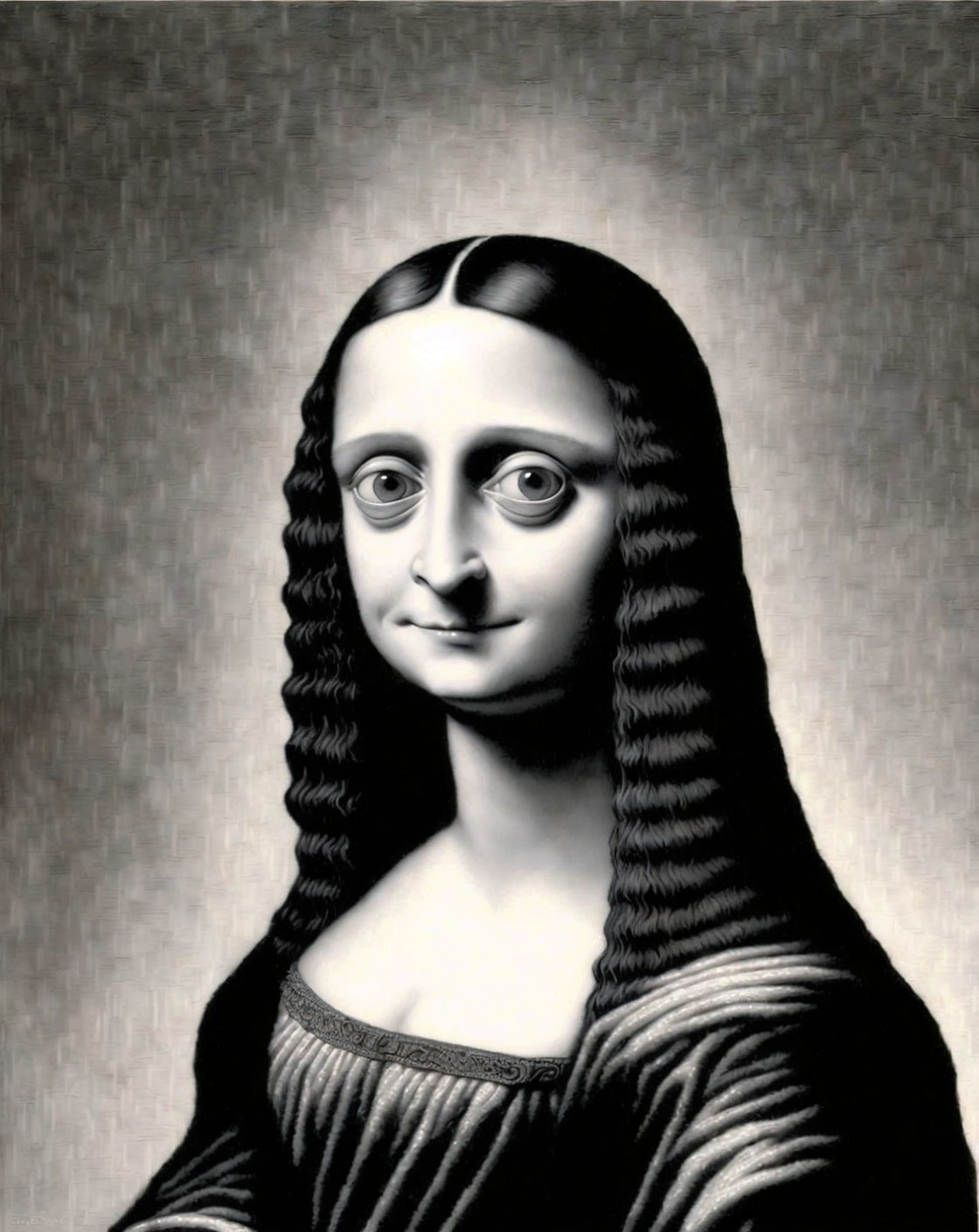 Stylized Mona Lisa with exaggerated smile and flowing hair