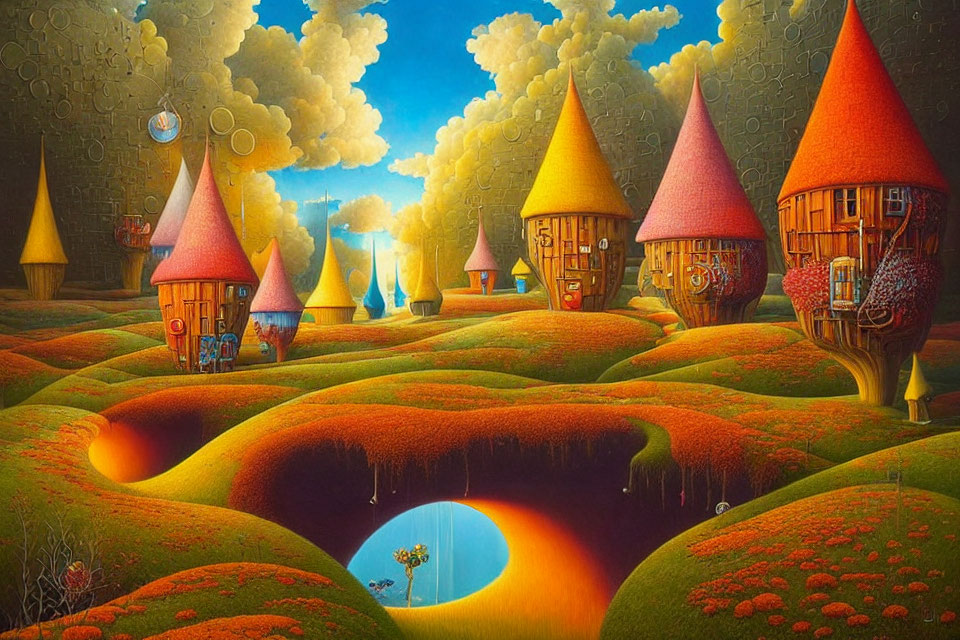 Vibrant Fantasy Landscape with Conical-Roofed Houses in Rolling Hills
