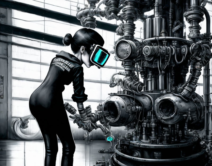 Futuristic female figure examines machinery in glowing visor